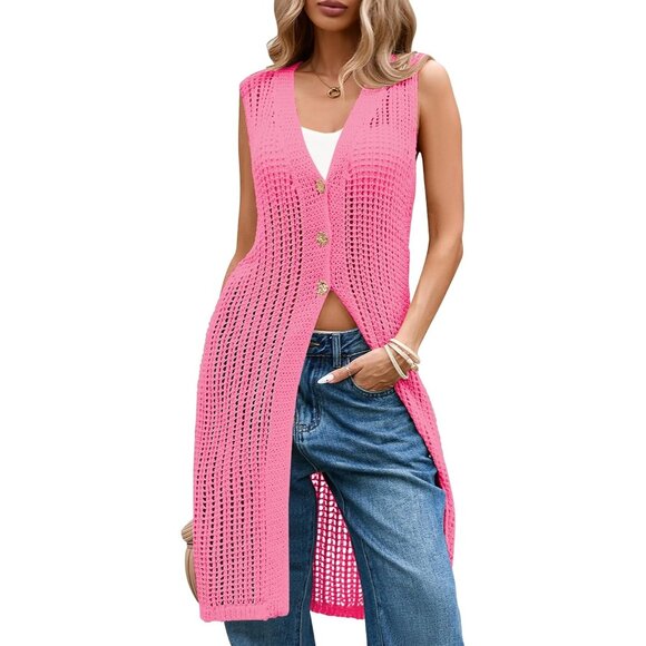 Women's Pink Summer Crochet Sleeveless Knit Cardigan